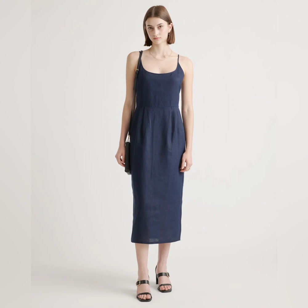 Quince 100% European Linen Scoop Neck Midi Dress - Navy